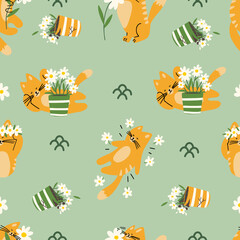 Cute cat and flowers seamless pattern. Perfect for children room, gift warp or any project.