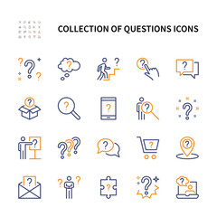 Questions and reason, vector linear colored icons set. Inquiry and problem. Isolated collection of question icon for websites. Editable Stroke.