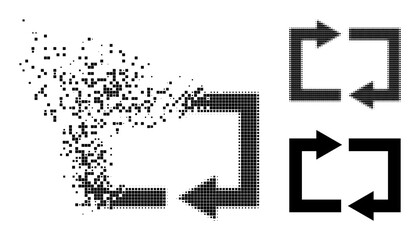 Dissolved pixelated exchange arrows icon with destruction effect, and halftone vector icon. Pixelated destruction effect for exchange arrows demonstrates speed and motion of cyberspace matter.