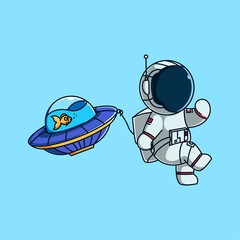 Cute astronaut walk with pet fish on ufo space. cute mascot cartoon vector illustration. Flat Cartoon Style