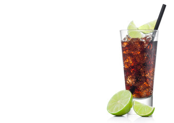 Cuba Libre Cocktail in luxury tall glass with ice cubes and slices of lime with black straw on...