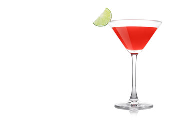 Cosmopolitan cocktail in classic crystal glass with lime slice on white.