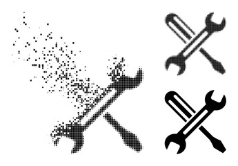 Fractured dotted tuning pictogram with destruction effect, and halftone vector pictogram. Pixelated creation effect for tuning gives speed and movement of cyberspace matter.