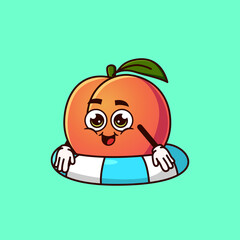 Cute Peach fruit character with swim ring float. Fruit summer icon concept isolated. flat cartoon style Premium Vector
