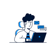 working activity concept. A man receive and sending email from laptop. trendy vector illustration style
