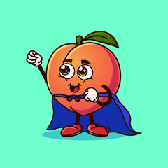 Cute Peach fruit character with Super hero costume and try to fly. Fruit character icon concept isolated. Emoji Sticker. flat cartoon style Vector