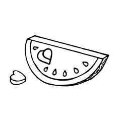 Doodle a slice of watermelon with a heart cut out on a white background.Vector composition can be used in menus,coloring pages,and textiles.