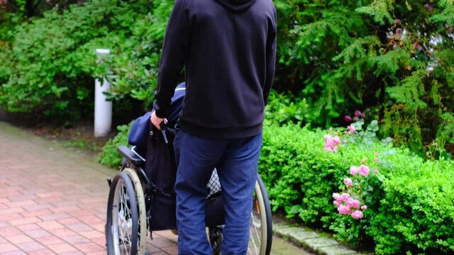 male nurse in park is driving elderly woman of 70-75 years old European Caucasian appearance in wheelchair, concept of care for skinny people, life of sedentary people with disabilities, paralysis