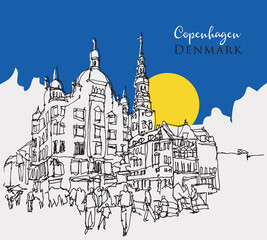 Hand drawn sketch illustration of Copenhagen, the capital city of Denmark