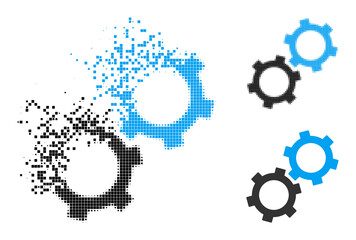 Moving dot gears pictogram with destruction effect, and halftone vector pictogram. Pixel dissolving effect for gears gives speed and movement of cyberspace objects.