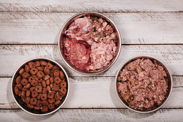 Choice between BARF (biologically appropriate raw food), prepared canned food and dry food pellets for dog diet