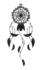 Dreamcatcher, black and white, isolated, with feathers