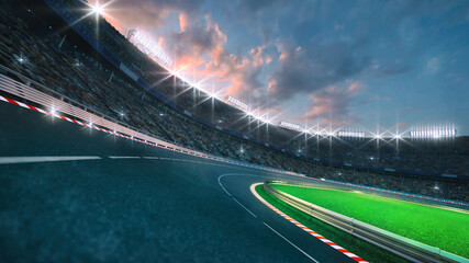 Circular asphalt racing track with cheering fans and illuminated floodlights. Professional digital 3d illustration of racing sports.