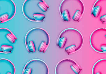 Pattern of rows of pink and blue wireless headphones