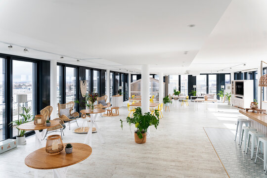 Table and chairs arranged at office cafeteria