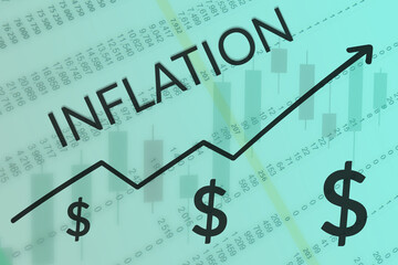 Arrow of growth inflation process on blue and green background of columns of numbers and candle graph