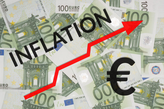Line chart with arrow of growth inflation process on euro banknote background - Powered by Adobe
