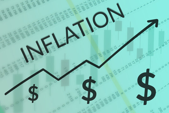 Arrow of growth inflation process on blue and green background of columns of numbers and candle graph