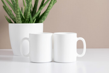Two mugs mockup with workspace accessories, green plant in pot on beige table. Front view. Place for text, copy space, mockup