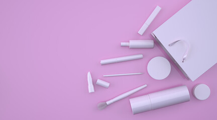 Pink illustration of pink colored gift paper bag with cosmetic bottles, lipstick tubes. Gift package presentation mockup.3D render.