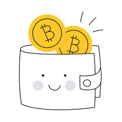 Cute happy purse is full of bitcoins. Crypto wallet, cryptocurrency coins concept. Thin line kawaii vector illustration on white background.