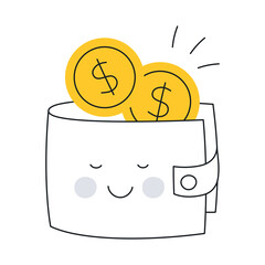 Cute full smiley wallet with gold coins inside. Salary, wages, reward, and payments, saving money, and transactions concept. Thin line funny vector illustration on white.