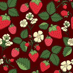 Seamless pattern with strawberry berries, leaves and flowers on bright background