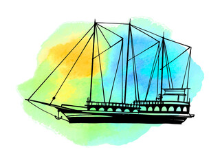 Pirate ship. Pirate schooner. Vintage pleasure ship, old boat in the sea. Hand drawn sketch. Line art. Black and white vector illustration on white background. 