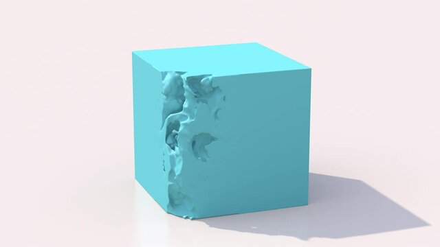 Blue cube disappears. White background. Abstract animation, 3d render.