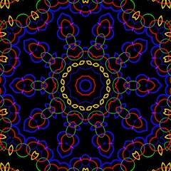 Colourful floral pattern design with black background.