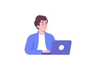 Young man working on laptop. Freelancer working online on computer. Vector illustration