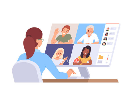 Woman in video conferencing call on computer. Team meeting online. Videoconference and web communication. Webinar Conference