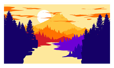 Obraz premium landscape illustration of the twilight nuance. authentic forest view illustrated in minimalist style for element graphics and decoration.