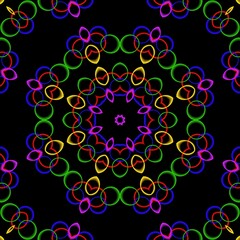 Colourful floral pattern design with black background.