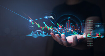 Businessman or broker holding growth graph of  investment business and data analysis. Global financial marketing cryptocurrency and growing growth plan. © Miha Creative