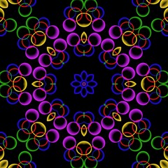 Colourful floral pattern design with black background.