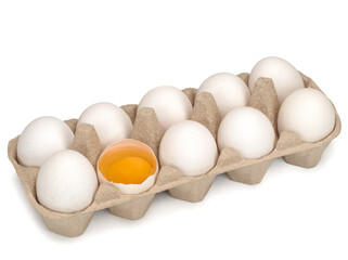 eggs in carton package on white background.