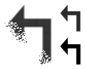 Damaged dotted turn left icon with destruction effect, and halftone vector icon. Pixelated fragmentation effect for turn left demonstrates speed and motion of cyberspace matter.