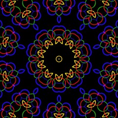 Colourful floral pattern design with black background.