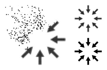 Destructed pixelated compact arrows glyph with destruction effect, and halftone vector composition.
