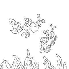 Black and white cute cartoon with sea fishes vector illustration for coloring book