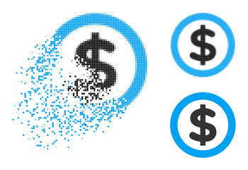 Dust pixelated finance pictogram with destruction effect, and halftone vector image. Pixelated dust effect for finance reproduces speed and movement of cyberspace concepts.
