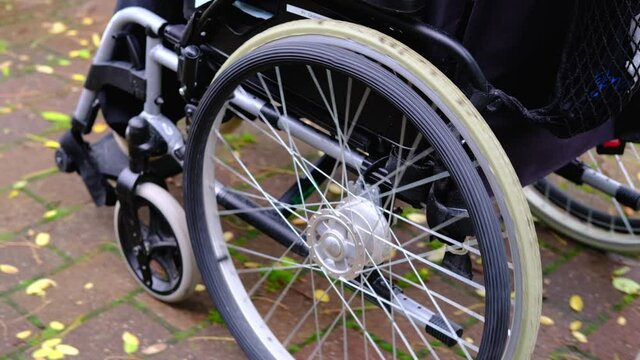 male nurse in park is driving elderly woman of 70-75 years old European Caucasian appearance in wheelchair, concept of care for skinny people, life of sedentary people with disabilities, paralysis