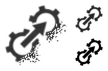 Disappearing pixelated gear integration glyph with destruction effect, and halftone vector symbol. Pixelated mist effect for gear integration shows speed and motion of cyberspace matter.
