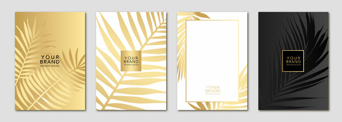 Tropical cover design set with palm branch and golden leaf on background. Holiday black and gold exotic pattern for vector business, sale, wedding card, luxury menu template, summer holiday poster. © Olga Tsikarishvili
