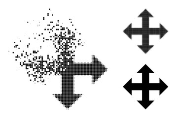 Fragmented pixelated expand arrows icon with wind effect, and halftone vector pictogram. Pixelated explosion effect for expand arrows gives speed and motion of cyberspace concepts.