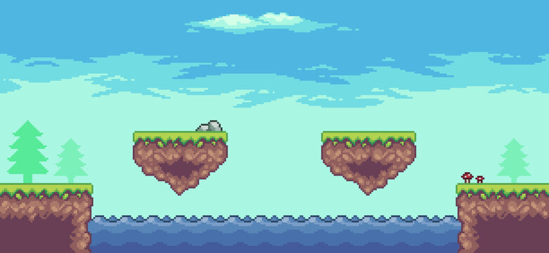 Pixel art arcade game scene with trees, floating platform, lake and clouds 8bit background