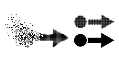 Fractured pixelated pull right glyph with destruction effect, and halftone vector pictogram. Pixelated dissipation effect for pull right reproduces speed and motion of cyberspace objects.