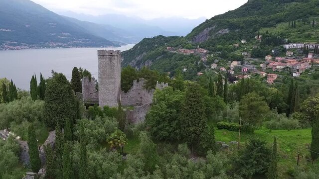 Aerial drone footage view of Castle di Vezio in Varenna Italy, lake of Lecco // no video editing
