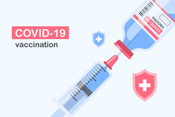 Medical syringe and vaccine bottle. Covid-19 coronavirus vaccine injection. Virus immunity company. Vector illustration template banner